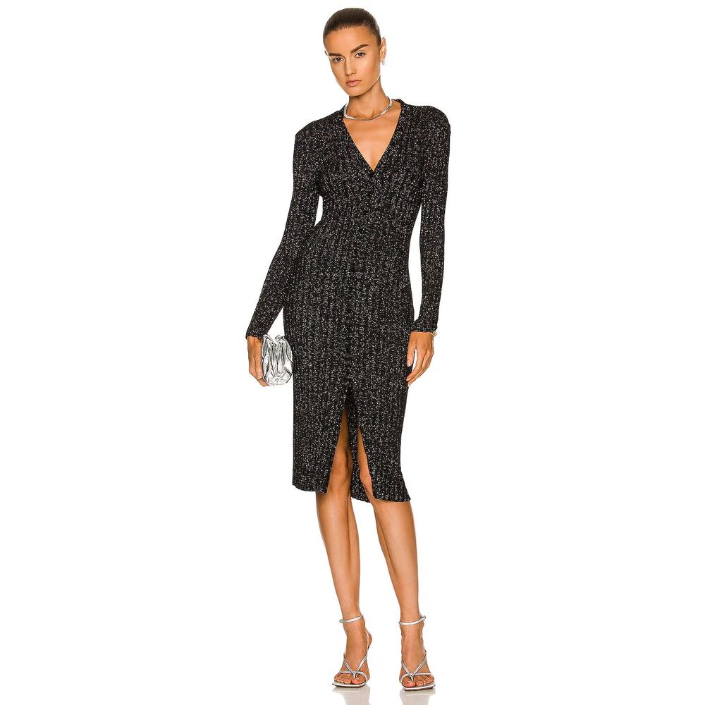 Enza Costa Lurex Metallic Ribbed Knit Cardigan Midi Dress Black Silver Small